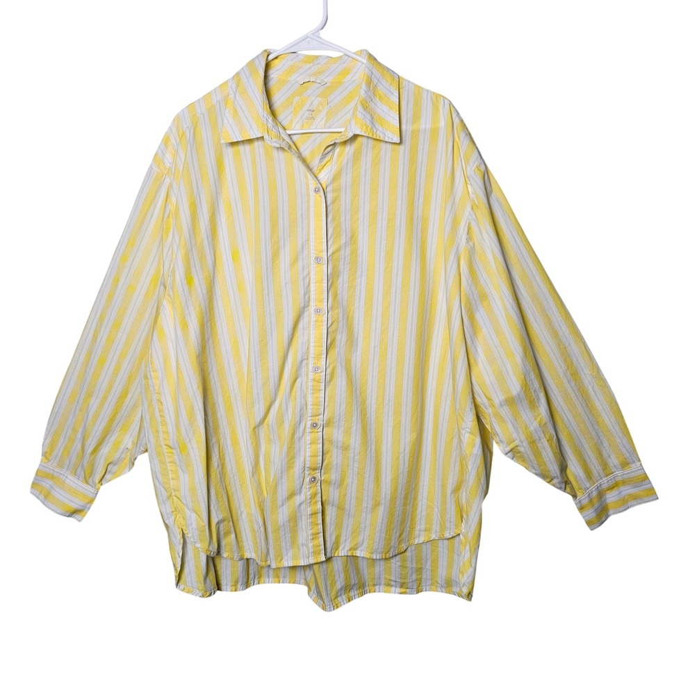 Aerie Womens Oversized Striped Button Down Shirt L Yellow White Coastal Preppy